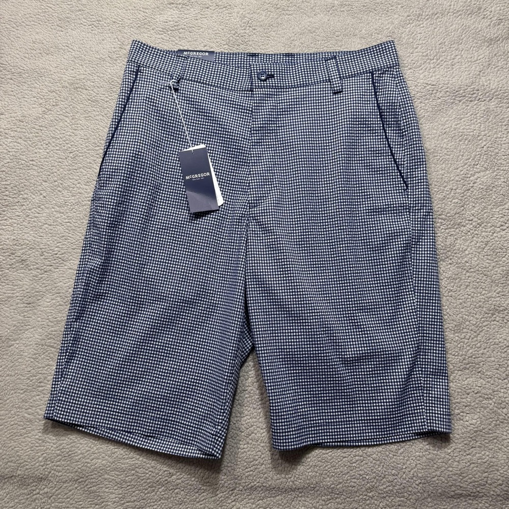 McGregor Shorts Mens 32 (82) Navy Blue Gingham‎ Check Dress Golf Flat Front NEW